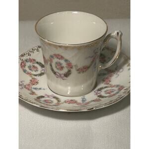 Vintage Antique floral Wreath Gold White Delicate Raised demitasse cup saucer